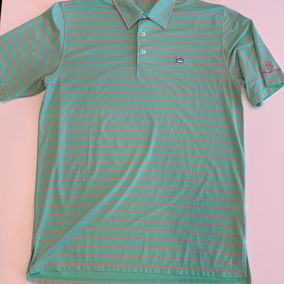 Southern Tide Club Mimosa Hills Green & Orange Striped Polo, M - Picture 2 of 8